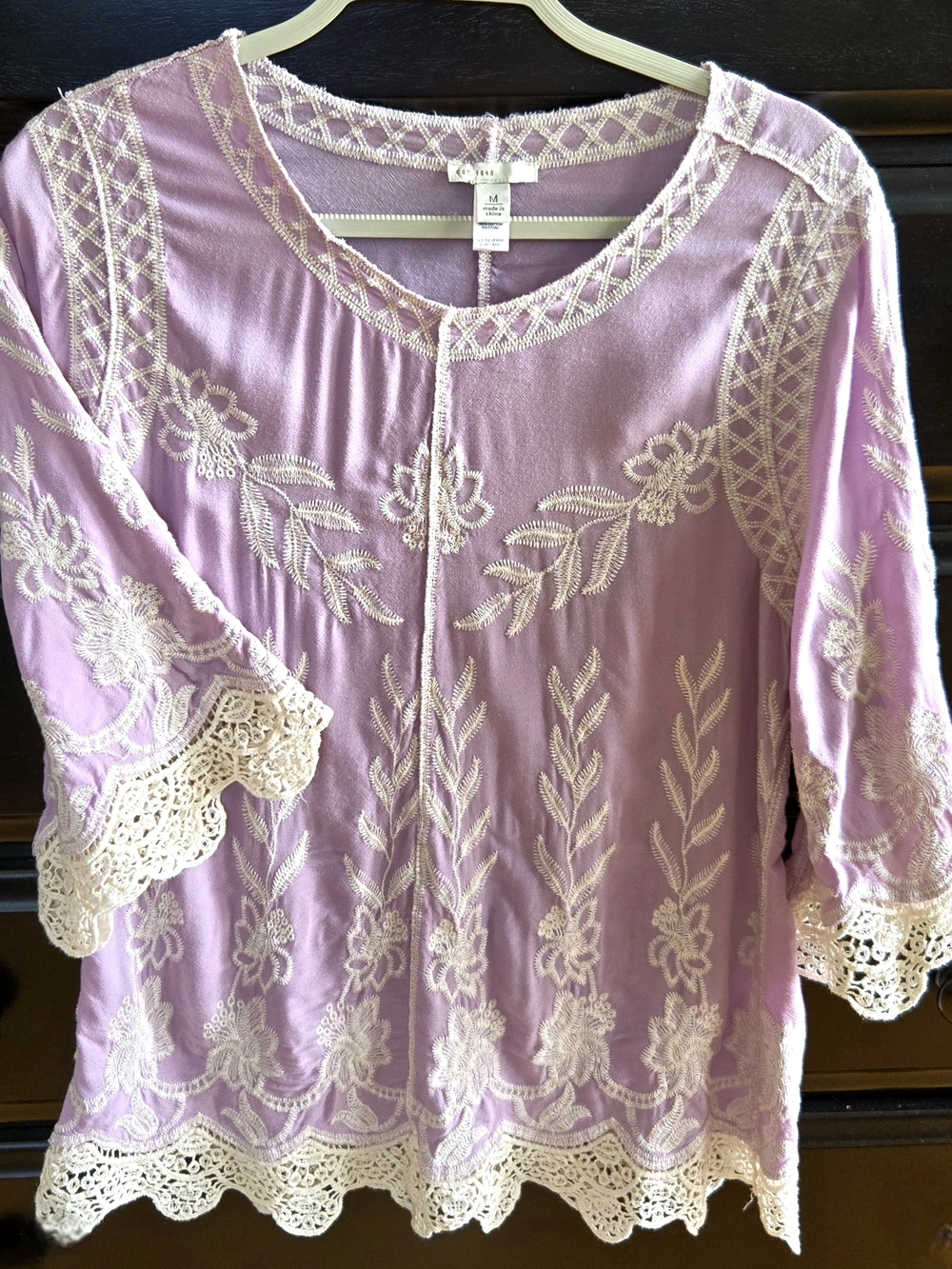 Lavender Embroidered Crochet-Trim Tunic